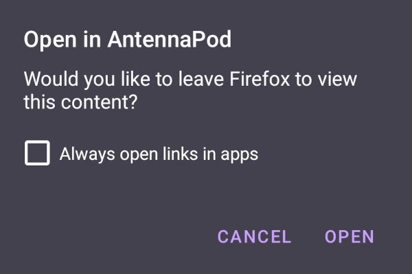 Browser asking to open a link in AntennaPod